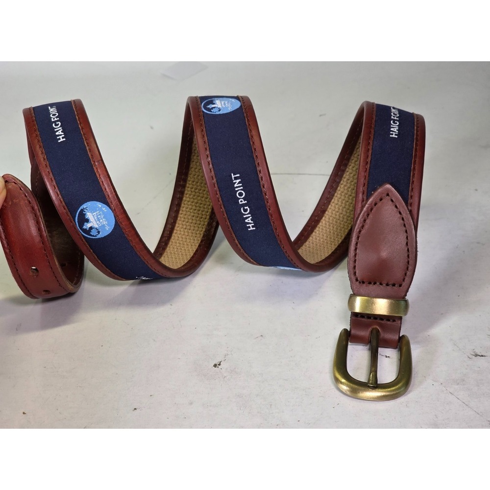 YRI Haig Point Golf Belt Logo Preppy Size 36/90 Navy Blue Brown Made In USA